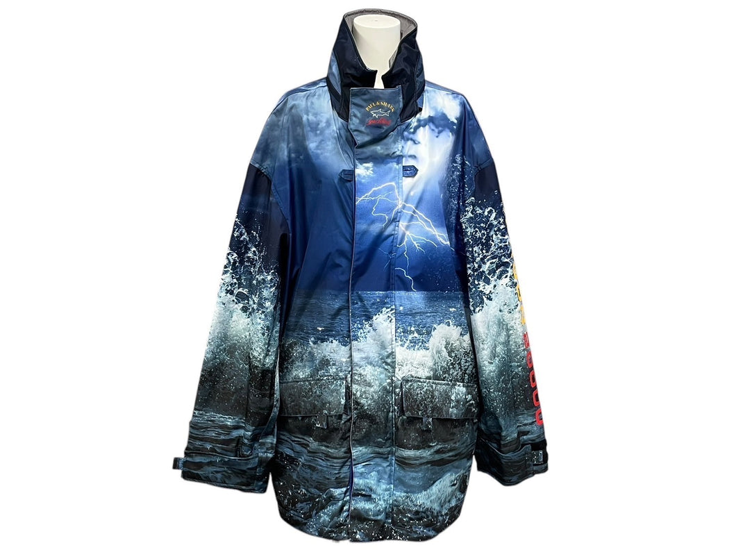 新品未使用 PAUL & SHARK ポールアンドシャーク 総柄 ナイロンジャケット ブルー ホワイト サイズL 中古 4c075916 正規品