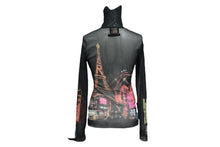 Load image into Gallery viewer, 極美品 Jean Paul Gaultier ジャンポール ゴルチェ シアーカットソー ネオン街プリント パワーネット ハイネック ブラック マルチカラー サイズ40 美品 中古 4c076027