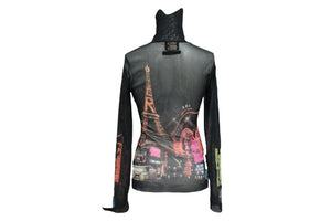 極美品 Jean Paul Gaultier ジャンポール ゴルチェ シアーカットソー ネオン街プリント パワーネット ハイネック ブラック マルチカラー サイズ40 美品 中古 4c076027