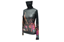 Load image into Gallery viewer, 極美品 Jean Paul Gaultier ジャンポール ゴルチェ シアーカットソー ネオン街プリント パワーネット ハイネック ブラック マルチカラー サイズ40 美品 中古 4c076027