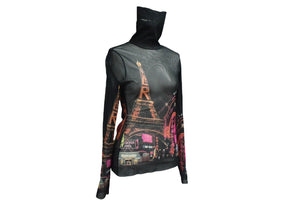 極美品 Jean Paul Gaultier ジャンポール ゴルチェ シアーカットソー ネオン街プリント パワーネット ハイネック ブラック マルチカラー サイズ40 美品 中古 4c076027