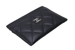 CHANEL シャネル ラムスキン タイムクラシック マトラッセ カードケース ブラック シルバー金具 28番台 美品 中古 4c076221
