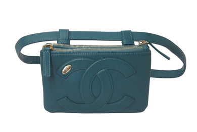 極美品 CHANEL シャネル ウエストポーチ ウエストバッグ ベルトバッグ 27番台 ココマーク ラムスキン ブルー ゴールド金具 中古 4c076227