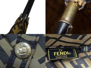 FENDI フェンディ ズッカ柄 傘 アンブレラ ロゴ 雨傘 レイングッズ ポリエステル ウッド ベージュ ブラウン ゴールド 良品 中古 4c076272 