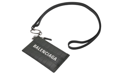 BALENCIAGA バレンシアガ CASH CARD CASE ON KEYRING キャッシュカードケースオンキーリング クロコ型押し カーキ 美品 中古 4c076286