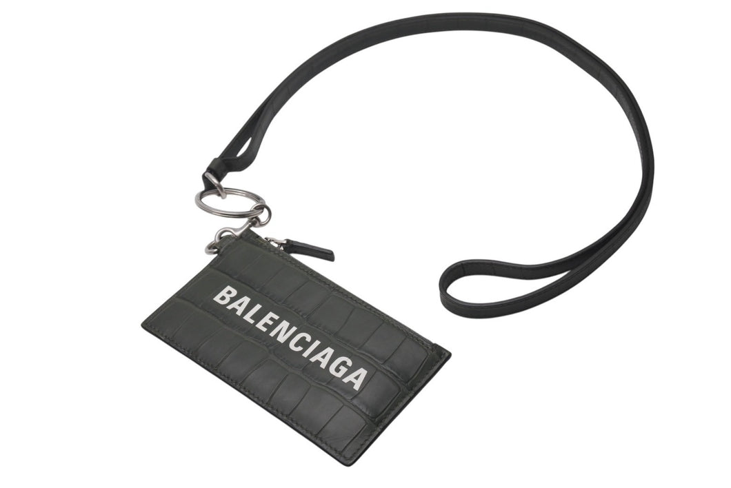 BALENCIAGA バレンシアガ CASH CARD CASE ON KEYRING キャッシュカードケースオンキーリング クロコ型押し カーキ 美品 中古 4c076286