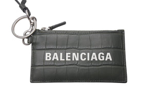 BALENCIAGA バレンシアガ CASH CARD CASE ON KEYRING キャッシュカードケースオンキーリング クロコ型押し カーキ 美品 中古 4c076286
