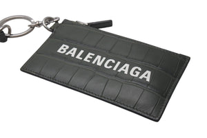 BALENCIAGA バレンシアガ CASH CARD CASE ON KEYRING キャッシュカードケースオンキーリング クロコ型押し カーキ 美品 中古 4c076286