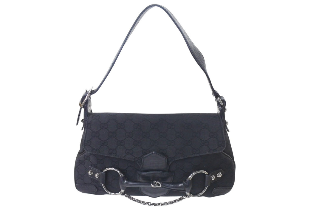 GUCCI グッチ ホースビット ワンショルダーバッグ 114915 001364 GGキャンバス レザー ブラック シルバー金具 美品 中古 4c076291