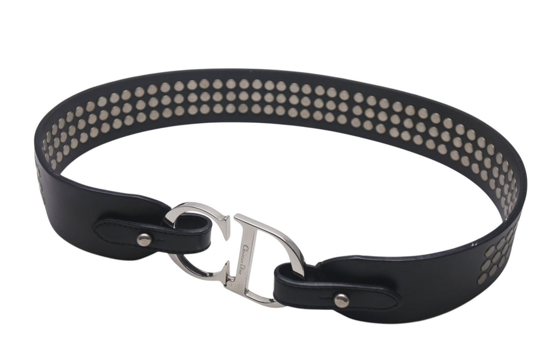 Christian Dior クリスチャンディオール ロゴ レザー スタッズ ベルト RE0072 小物 ブラック 美品 中古 4c076334