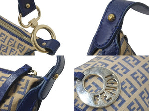 FENDI フェンディ ズッキーノ ショルダーバッグ アクセサリーポーチ 8BR485 ベージュ ネイビー コットンキャンバス レザー 良品 中古 4c076343