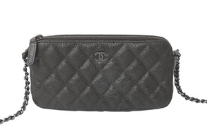 新品同様 CHANEL シャネル チェーンショルダーバッグ チェーンウォレット マトラッセ 23番台 グレー キャビアスキン シルバー金具 中古 4c076344