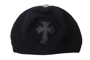 CHROME HEARTS クロムハーツ カシミヤ ベレー帽 クロスレザーパッチ クロスボール ブラック シルバー925 美品 中古 4c076358