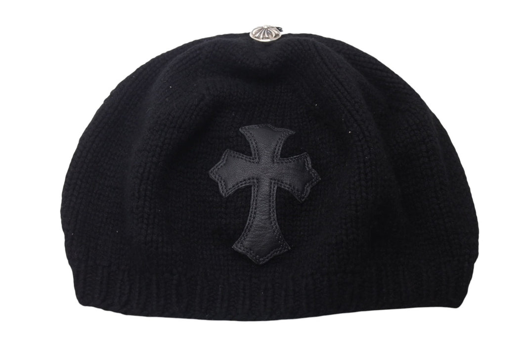 CHROME HEARTS クロムハーツ カシミヤ ベレー帽 クロスレザーパッチ クロスボール ブラック シルバー925 美品 中古 4c076358