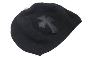 CHROME HEARTS クロムハーツ カシミヤ ベレー帽 クロスレザーパッチ クロスボール ブラック シルバー925 美品 中古 4c076358