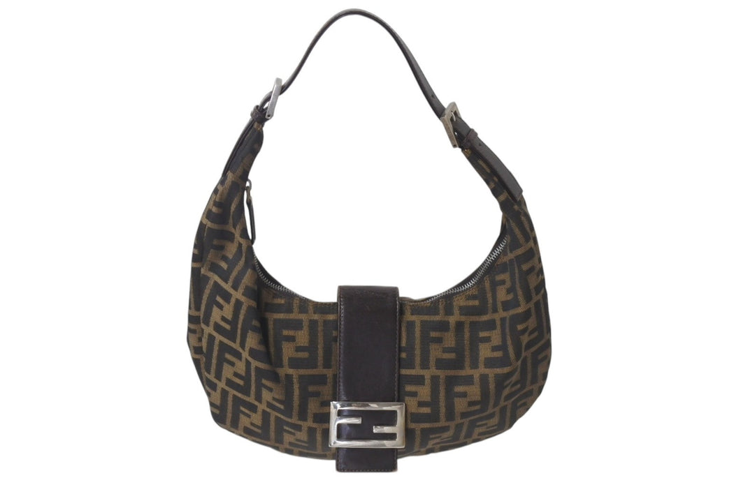 FENDI フェンディ クロワッサン ハーフムーン ワンショルダーバッグ ハンドバッグ キャンバス ブラウン シルバー金具 美品 中古 4c076363