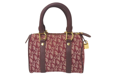 極美品 Christian Dior クリスチャンディオール ミニハンドバッグ ヴィンテージ トロッター柄 キャンバス レザー ボルドー 中古 4c076407