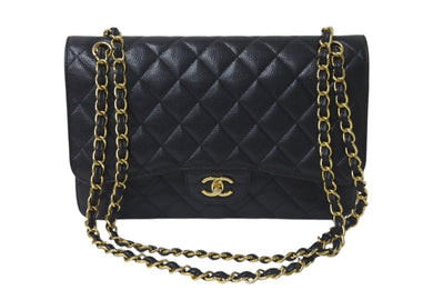 極美品 CHANEL シャネル デカマトラッセ30 Wフラップ Wチェーン ショルダーバッグ ランダム番台 キャビアスキン ブラック ゴールド金具 中古 4c076476