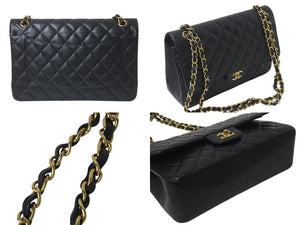 極美品 CHANEL シャネル デカマトラッセ30 Wフラップ Wチェーン ショルダーバッグ ランダム番台 キャビアスキン ブラック ゴールド金具 中古 4c076476