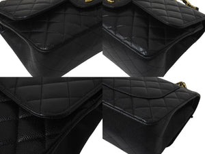 極美品 CHANEL シャネル デカマトラッセ30 Wフラップ Wチェーン ショルダーバッグ ランダム番台 キャビアスキン ブラック ゴールド金具 中古 4c076476