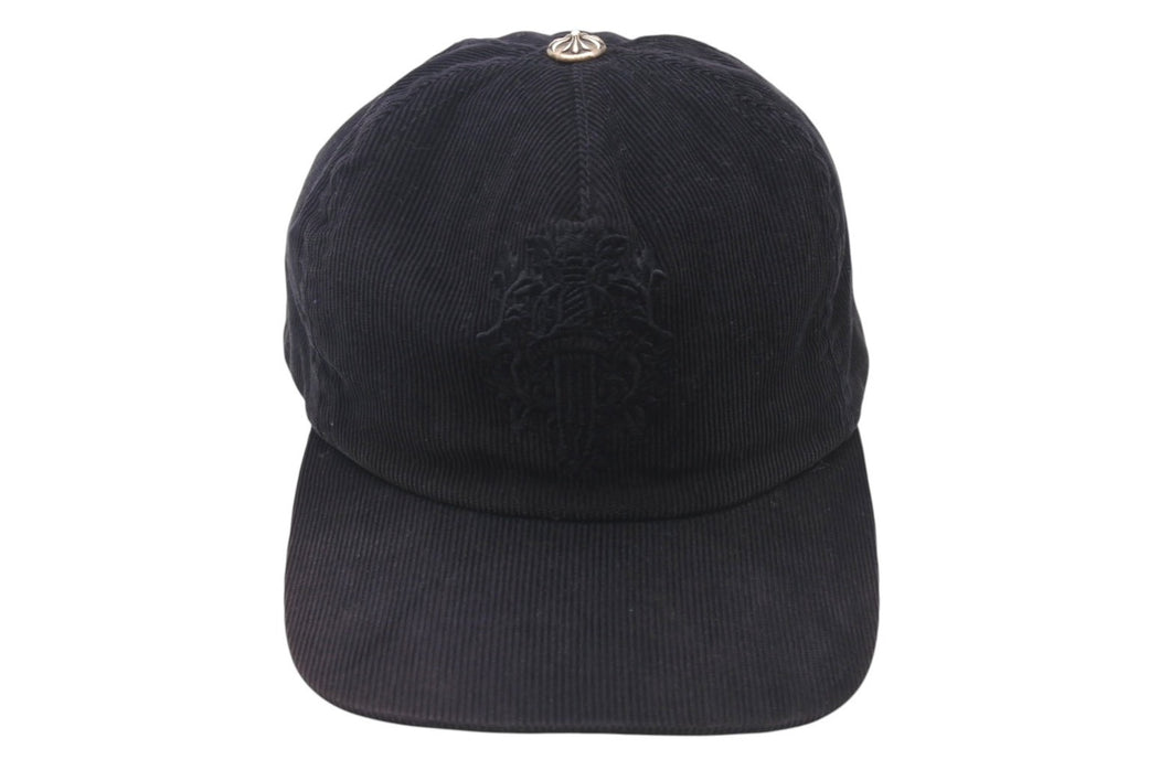 CHROME HEARTS クロムハーツ ヴァインダガー刺繍 クロスボール付き コーデュロイ トラッカー キャップ ブラック 美品 中古 4c076689