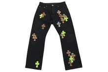 Load image into Gallery viewer, Excellent condition CHROME HEARTS JEAN STRTLG FBRC denim cross patch straight leg denim pants in black leopard print, size 34, pre-owned, item number 4c076690 