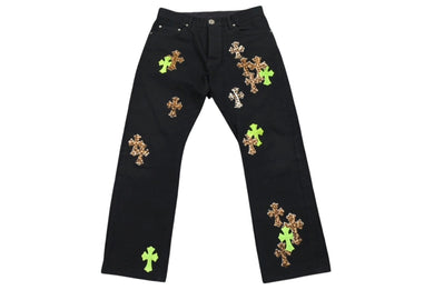 極美品 CHROME HEARTS クロムハーツ JEAN STRTLG FBRC デニムクロスパッチ ストレートデニムパンツ ブラック レオパード サイズ34 中古 4c076690