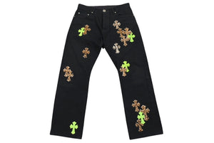 Excellent condition CHROME HEARTS JEAN STRTLG FBRC denim cross patch straight leg denim pants in black leopard print, size 34, pre-owned, item number 4c076690 