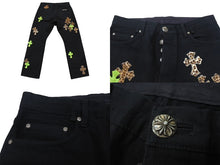 Load image into Gallery viewer, Excellent condition CHROME HEARTS JEAN STRTLG FBRC denim cross patch straight leg denim pants in black leopard print, size 34, pre-owned, item number 4c076690 