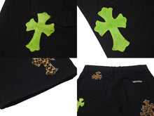 Load image into Gallery viewer, Excellent condition CHROME HEARTS JEAN STRTLG FBRC denim cross patch straight leg denim pants in black leopard print, size 34, pre-owned, item number 4c076690 