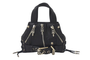 新品未使用 CHROME HEARTS クロムハーツ JJ DEAN MINI JJディーン ミニ ハンドバッグ ライダース ブラック レザー シルバ−925 中古 4c076709