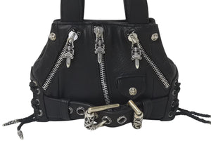 新品未使用 CHROME HEARTS クロムハーツ JJ DEAN MINI JJディーン ミニ ハンドバッグ ライダース ブラック レザー シルバ−925 中古 4c076709