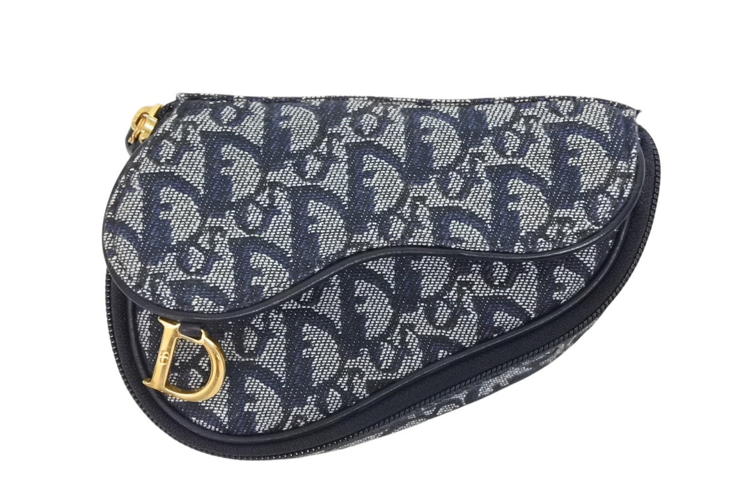 極美品 ChristianDior クリスチャンディオール サドルポーチ MC1928 トロッター柄 キャンバス レザー ネイビー ゴールド金具 中古 4b008970