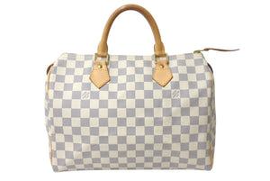 LOUIS VUITTON ルイヴィトン ダミエ アズール スピーディ30 ハンドバッグ N41533 ホワイト ゴールド金具 ロゴ 美品 中古 4b000988