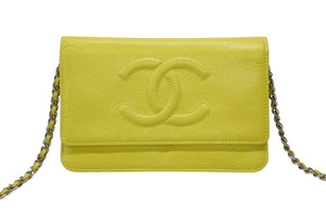 CHANEL シャネル チェーンショルダーウォレット 長財布 A48654 18番台 ココマーク キャビアスキン イエロー 美品 中古 4b006536