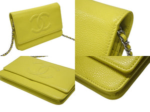 CHANEL シャネル チェーンショルダーウォレット 長財布 A48654 18番台 ココマーク キャビアスキン イエロー 美品 中古 4b006536