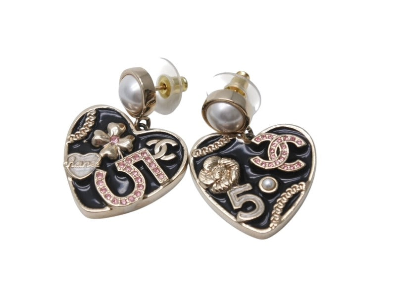 CHANEL シャネル ドロップピアス 重量約21.0g B24S刻印 ココマーク ハート パール No.5 カメリア メタル ゴールド ブラック 美品 中古 4b005541