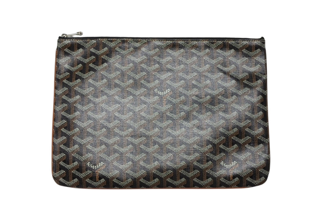 極美品 GOYARD ゴヤール セナMM クラッチバッグ ヘリンボーン柄 ブラック ブラウン PVC レザー 中古 4b007912