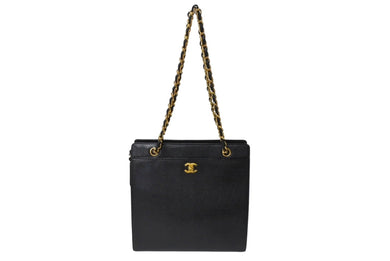 CHANEL シャネル チェーン トートバッグ ブラック キャビアスキン 5番台 ココマーク ロゴ 肩掛け ゴールド金具 美品 中古 4c070401