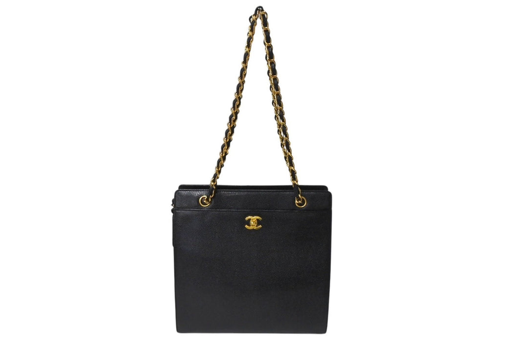 CHANEL シャネル チェーン トートバッグ ブラック キャビアスキン 5番台 ココマーク ロゴ 肩掛け ゴールド金具 美品 中古 4c070401