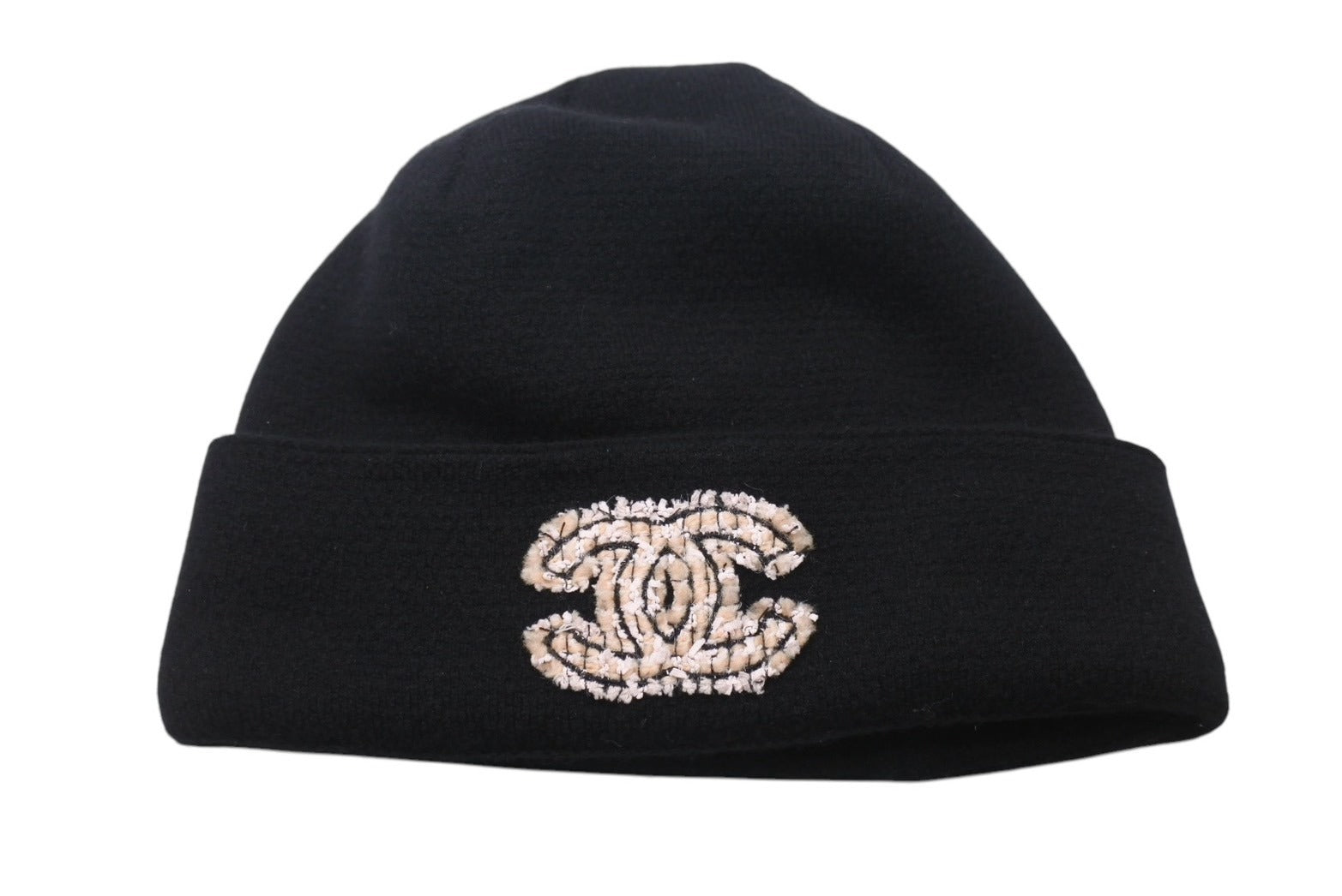 CHANEL カシミヤシルクニット帽 黒 ラメ入りリボン CCロゴ刺繍ほぼ未使用 CHANEL カシミヤシルクニット帽 黒 ラメ入りリボン CCロゴ刺繍
