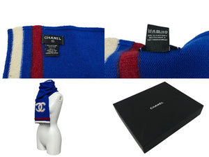 CHANEL シャネル ココマーク カシミヤ マフラー ブルー ホワイト レッド ストール ポケット付き ロゴ 小物 美品 中古 4c071554