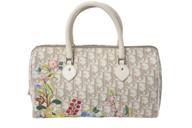 Christian Dior クリスチャンディオール エンブロイダリー トロッター ハンドバッグ ベージュ コーティングキャンバス レザー 花柄 美品 中古 4c075282