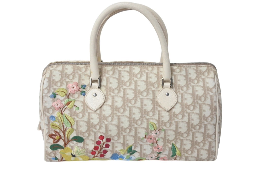 Christian Dior クリスチャンディオール エンブロイダリー トロッター ハンドバッグ ベージュ コーティングキャンバス レザー 花柄 美品 中古 4c075282