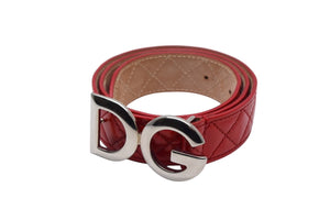 極美品 DOLCE&GABBANA ドルチェアンドガッバーナ キルティングベルト D&G ロゴバックル レッド レザー シルバー金具 中古 4c075465
