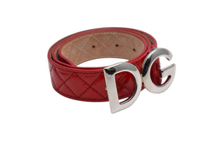 極美品 DOLCE&GABBANA ドルチェアンドガッバーナ キルティングベルト D&G ロゴバックル レッド レザー シルバー金具 中古 4c075465