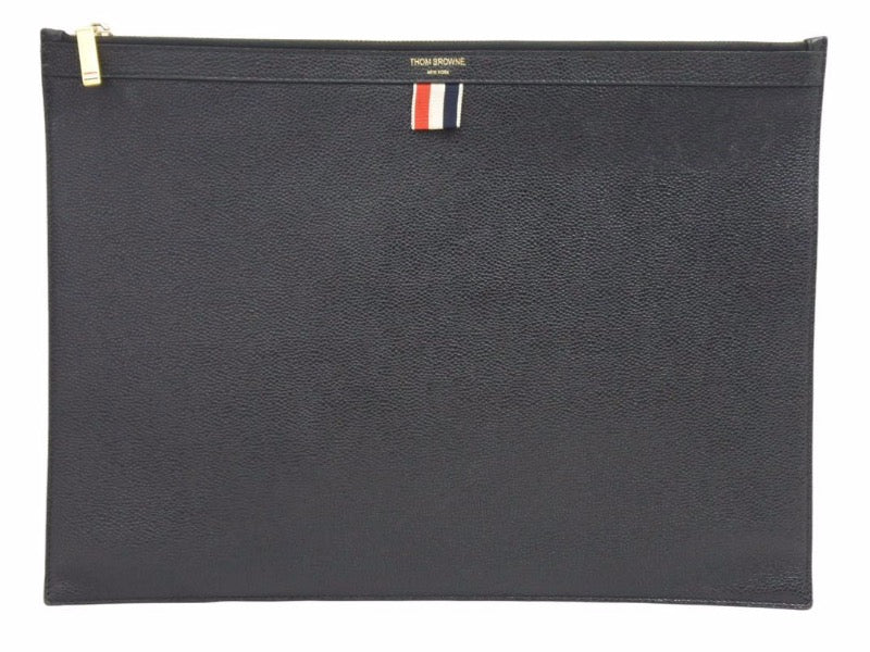 THOM BROWNE トムブラウン フルレザー フェーブルレザー 裏地ストライプ クラッチバッグ ブラック 美品 中古 20872