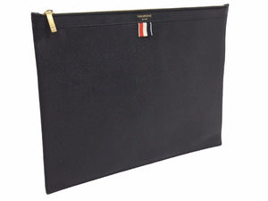 THOM BROWNE トムブラウン フルレザー フェーブルレザー 裏地ストライプ クラッチバッグ ブラック 美品 中古 20872