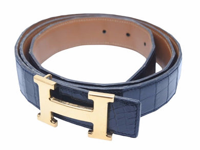 HERMES エルメス ベルト コンスタンス ポロサス クロコダイル 黒 ブラック ゴールドバックル 〇T刻印 美品 21443