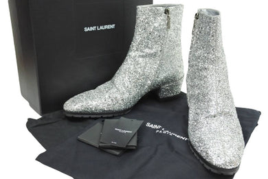 未使用 SAINT LAURENT PARIS サンローラン 19AW ジップブーツ ハイカット カレブグリッター シルバーラメ 45 メンズ 中古 23771 